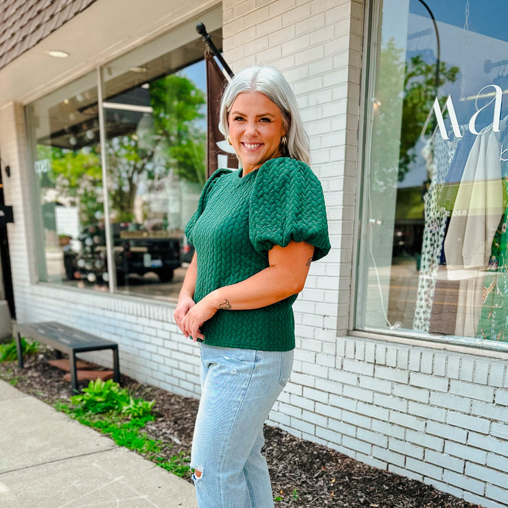 Puff Sleeve Textured Top - Green