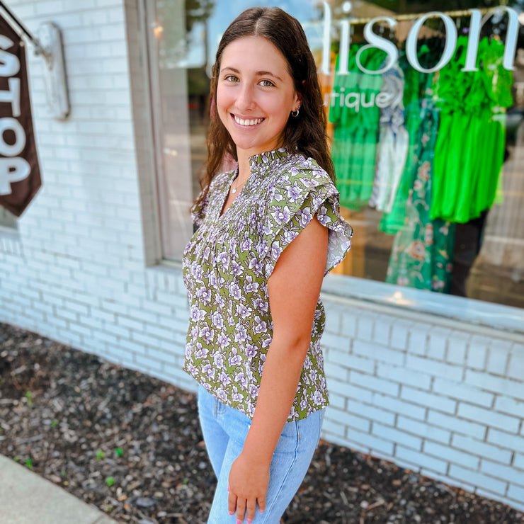 Smocked Floral Print Top