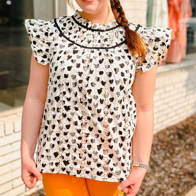Heart Printed Eyelet Top - Ivory