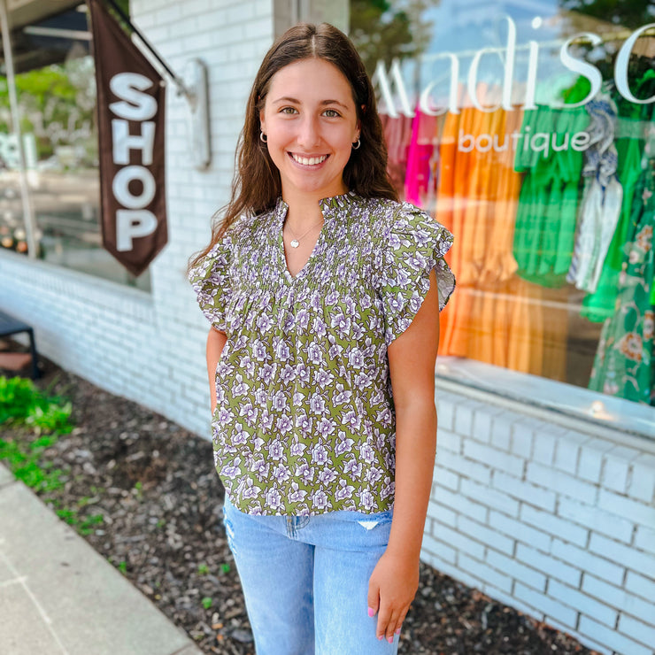 Smocked Floral Print Top