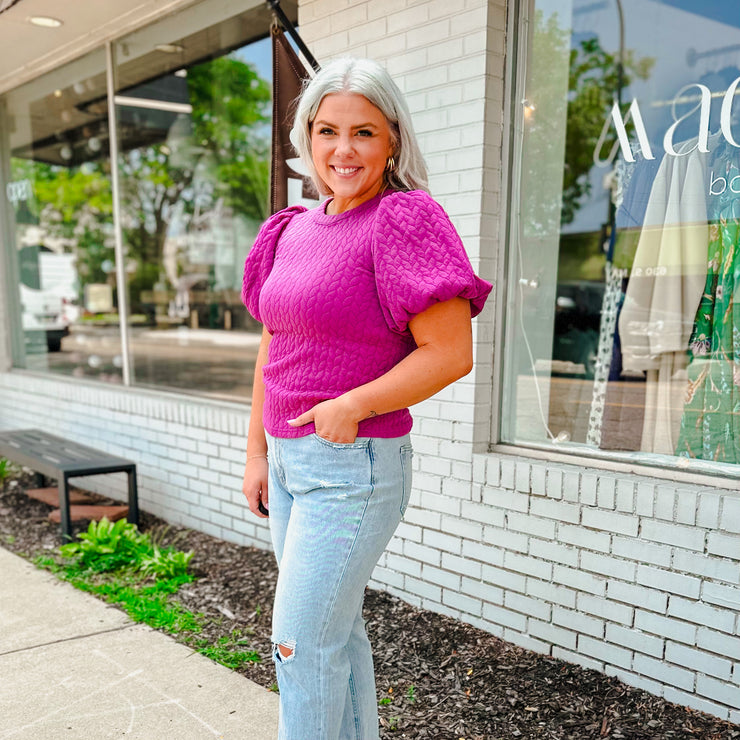 Puff Sleeve Textured Top - Magenta