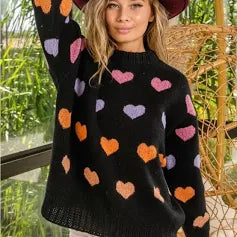 Black Multi Color Heart Sweater