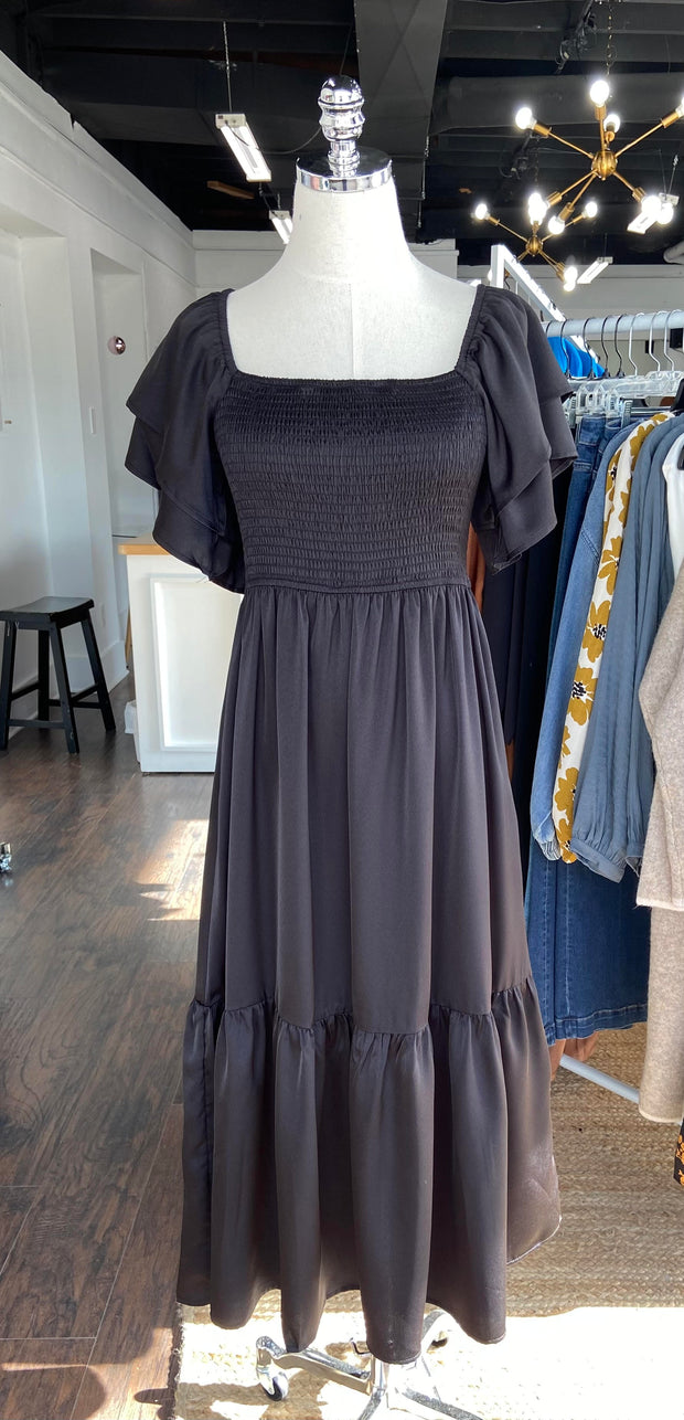 Black Satin Flutter Sleeve Dress