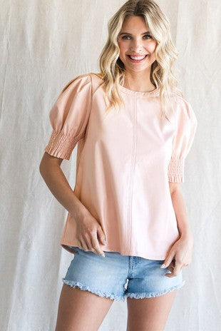 Pink Pleather Puff Sleeve Top