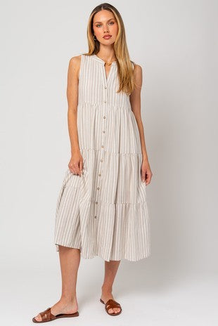 Sleeveless Button Down Striped Maxi Dress