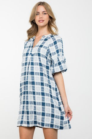 Navy Checkered Puff Sleeve Dress - medium