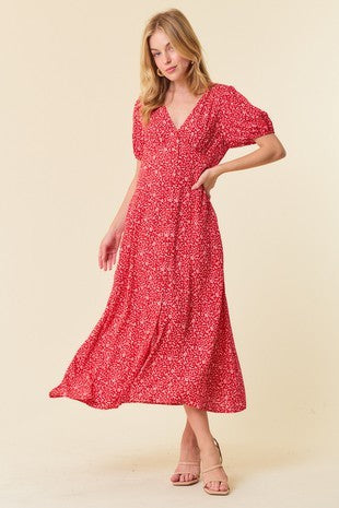 Red Floral Print Puff Sleeve Midi Dress-medium