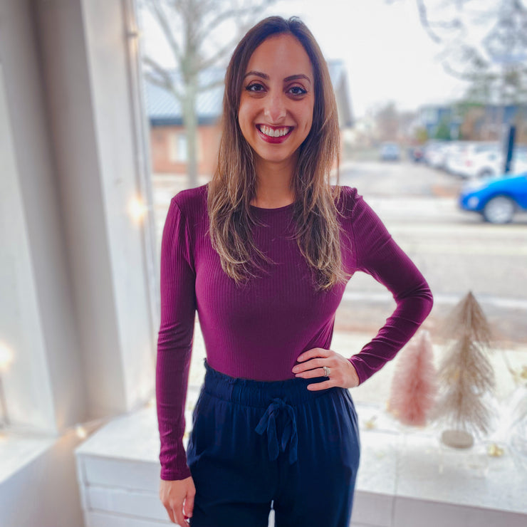 long sleeve ribbed knit bodysuit - plum
