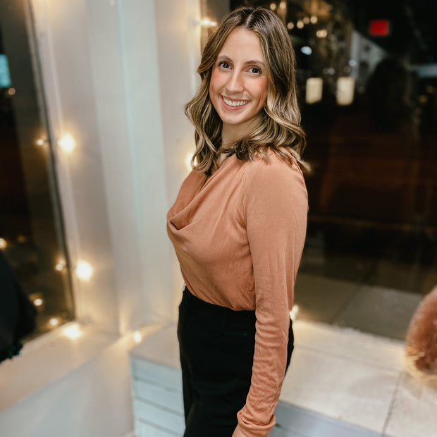 cinnamon cowl neck bodysuit