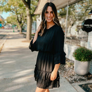 long sleeve tiered dress -  black